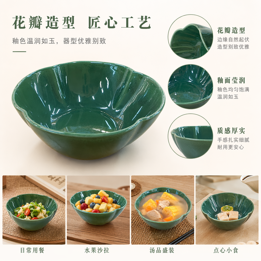 绿色花口碗陶瓷家用盛饭碗简约北欧风餐具