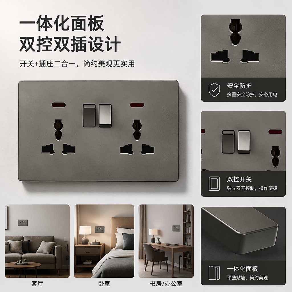 T7 gris/oro doble 13A zócalo de pared multifuncional diseño simple y hermoso oficina casera general comercio exterior especial