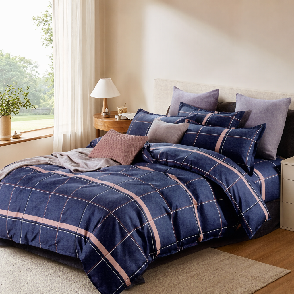 Conjunto de cama de algodón a cuadros azul oscuro de 4 piezas con funda de edredón y funda de almohada details Picture