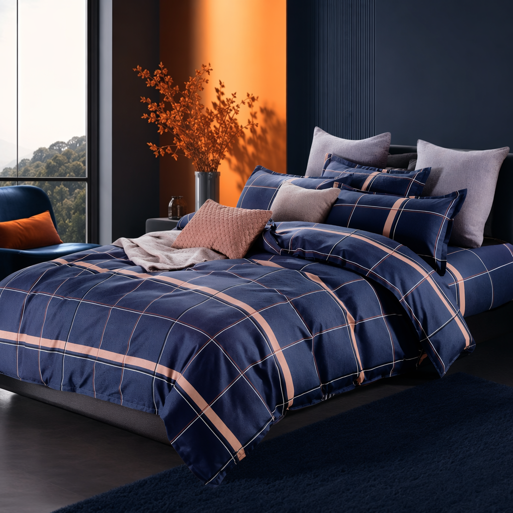 Conjunto de cama de algodón a cuadros azul oscuro de 4 piezas con funda de edredón y funda de almohada Specification image