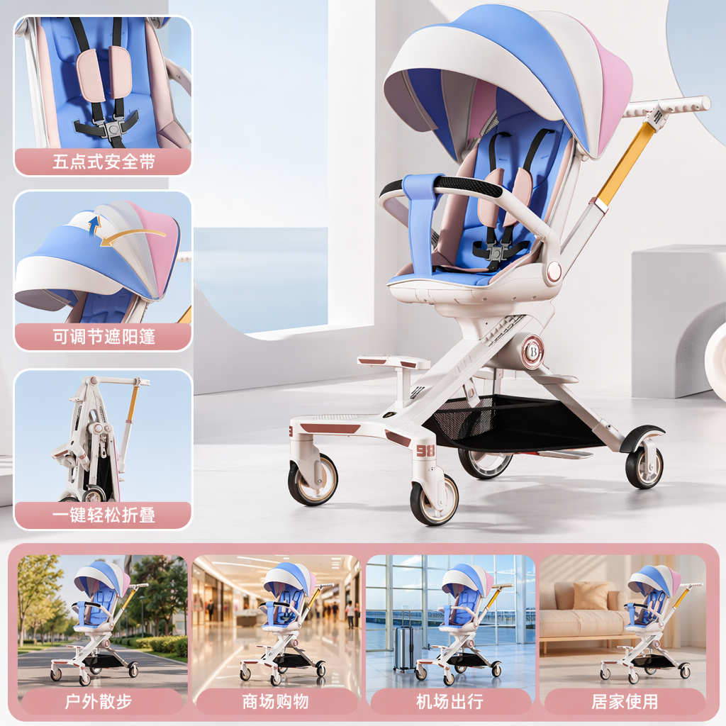 Baby strollers, high-view shock-absorbing strollers that can be used for sitting or lying down and can be pushed in both directions