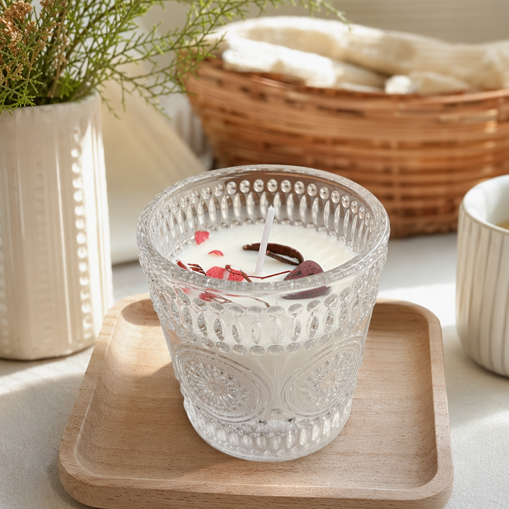 A transparent glass cup is filled with white candles and dark red petal decorations details Picture