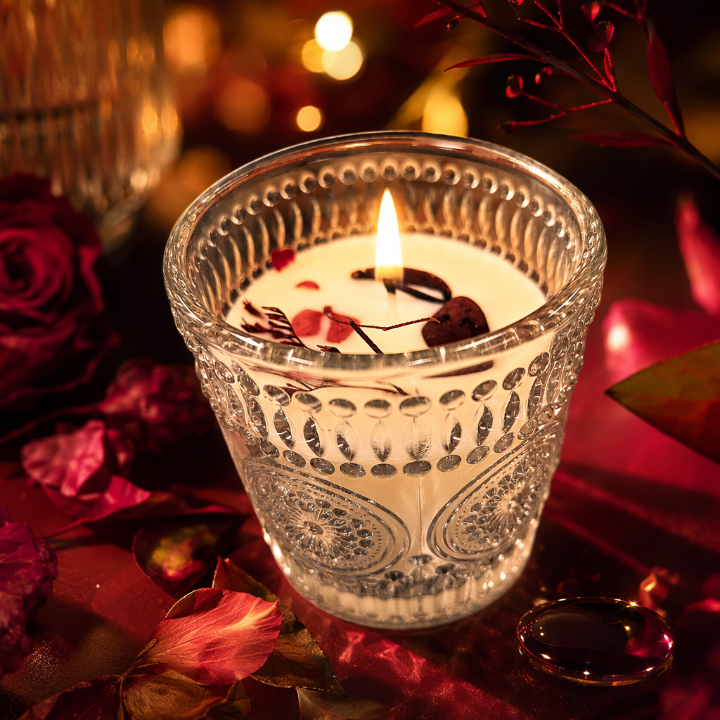 A transparent glass cup is filled with white candles and dark red petal decorations Specification image