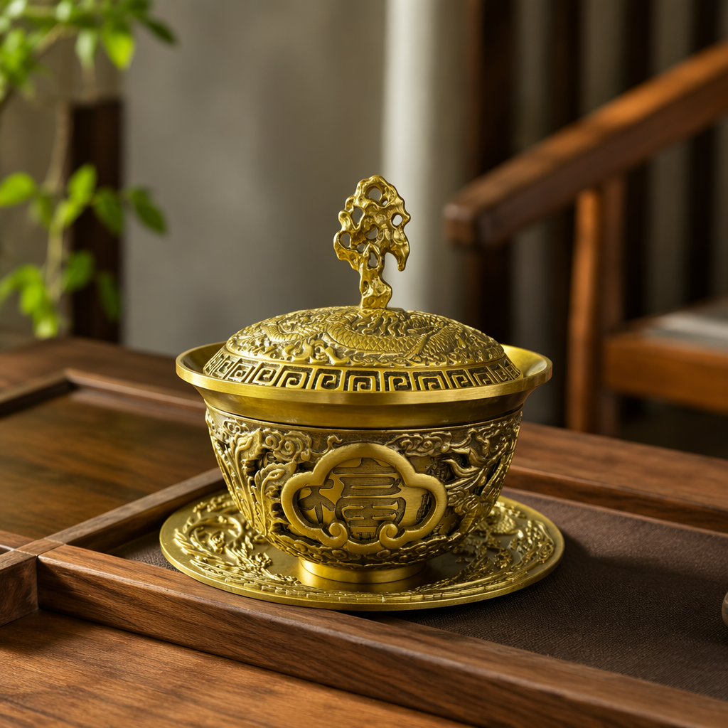 Golden dragon-patterned "Fu" character covered bowl ceramic tea set, hand-gilding technique details Picture