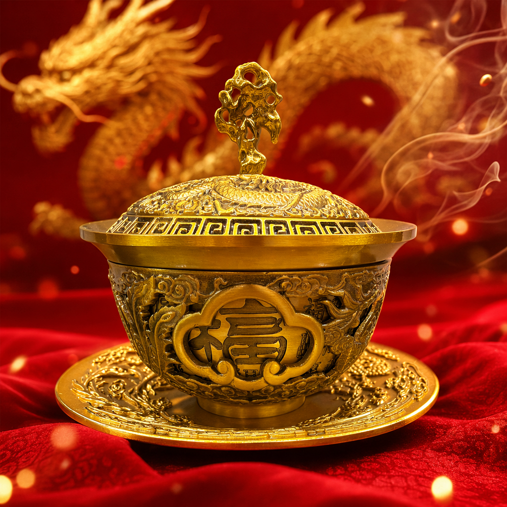 Golden dragon-patterned "Fu" character covered bowl ceramic tea set, hand-gilding technique Specification image