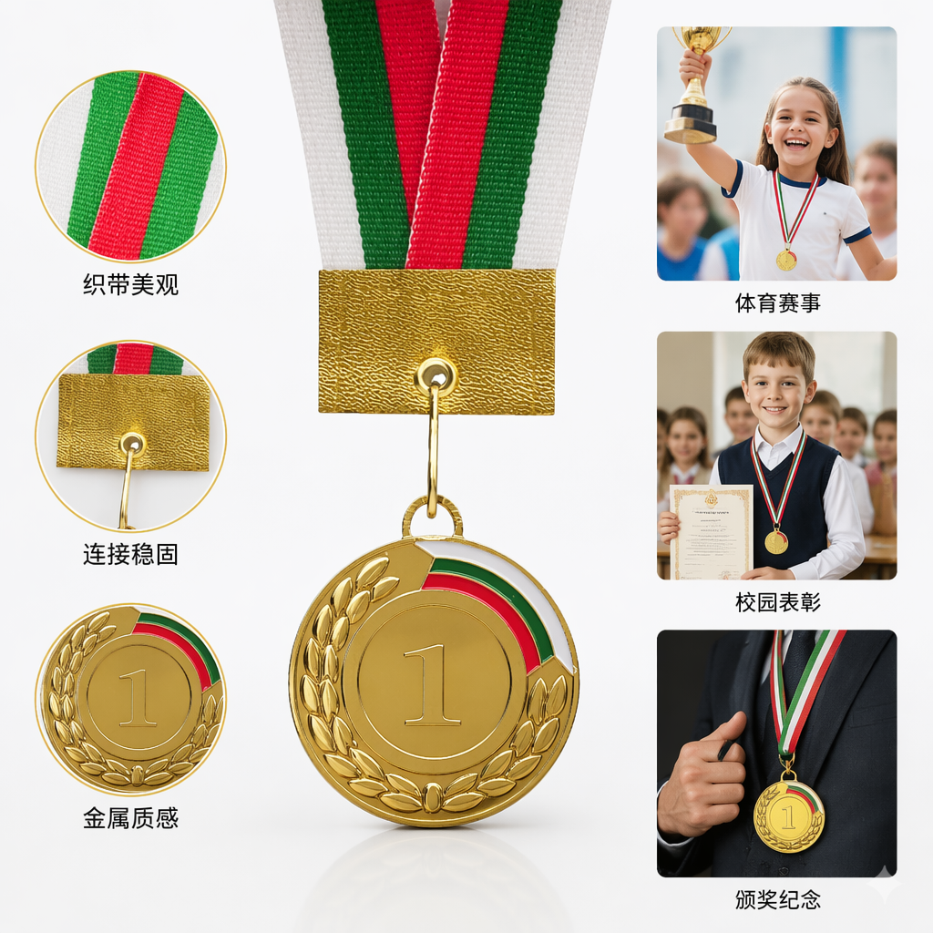 金色奖牌中央刻1数字边缘月桂叶纹样配白绿红三色绶带