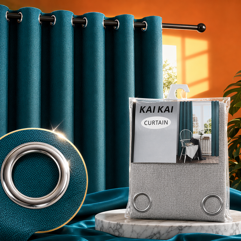 The grey curtain packaging comes with metal rings and labels Specification image