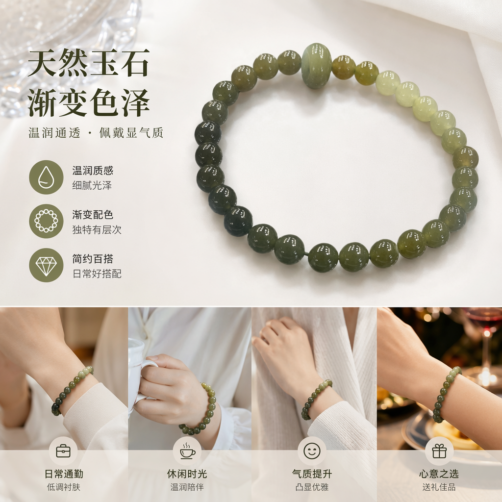 绿色珠串手链天然玉石简约百搭女士手腕饰品