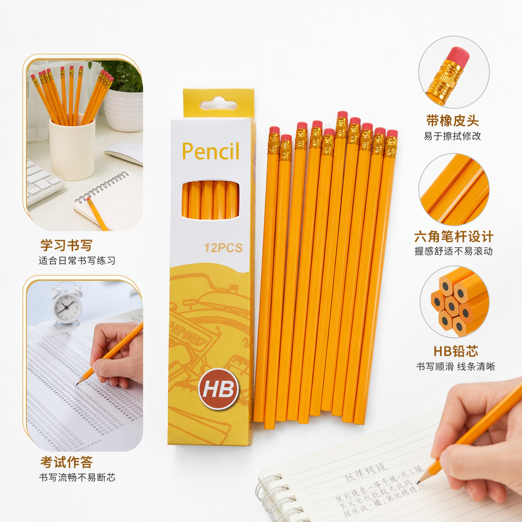 橙色铅笔 木质三角杆 HB考试专用2B绘图素描铅笔套装