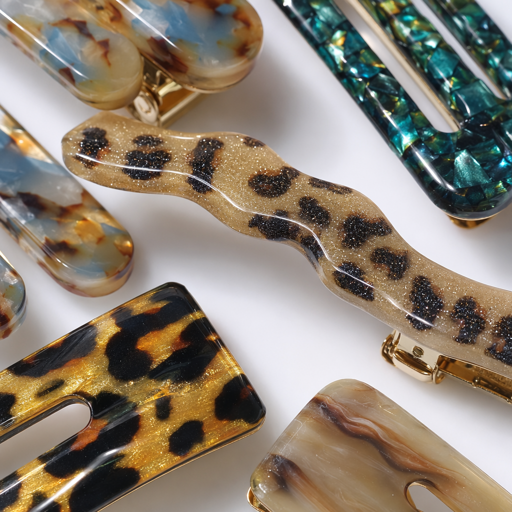 A fashionable mixed and matched headwear set of colorful leopard print and marble print hairpins Application Scenario