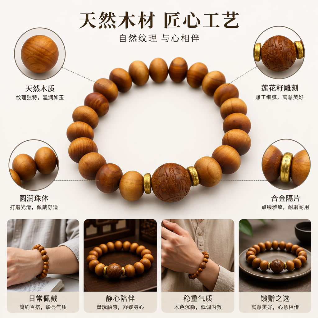 木质手串中央雕刻珠饰配金色隔珠