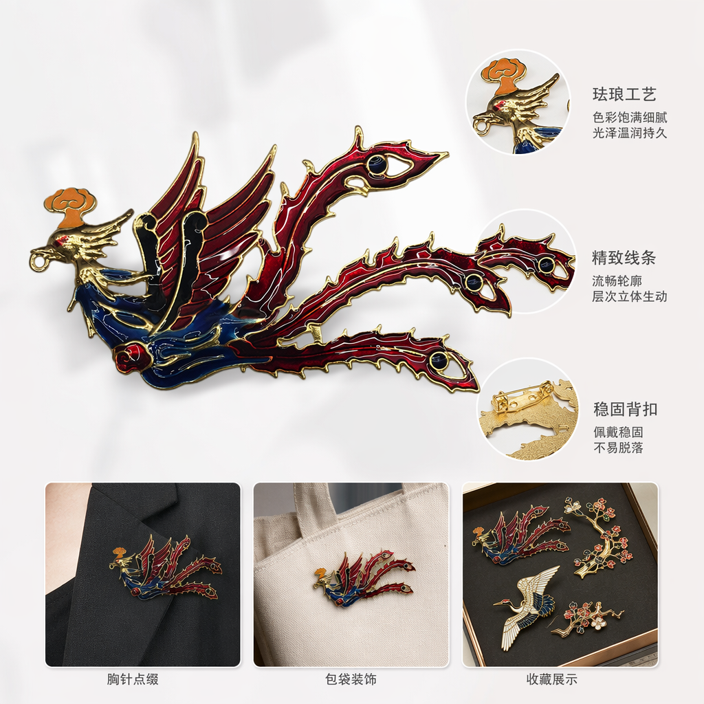 红蓝金三色凤凰造型金属徽章