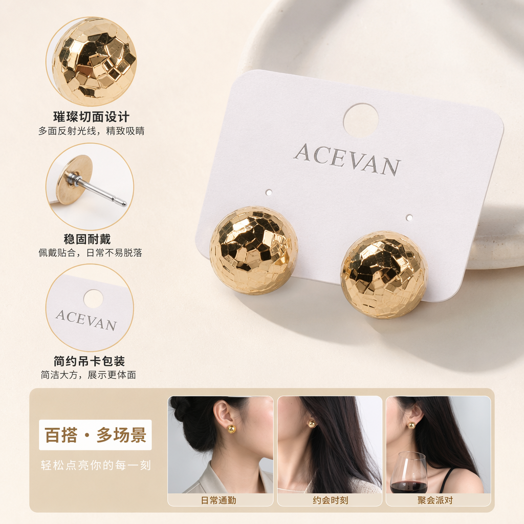 Two ACEVAN golden diamond-patterned round ear studs with sparkling polyhedral cut light pink cards