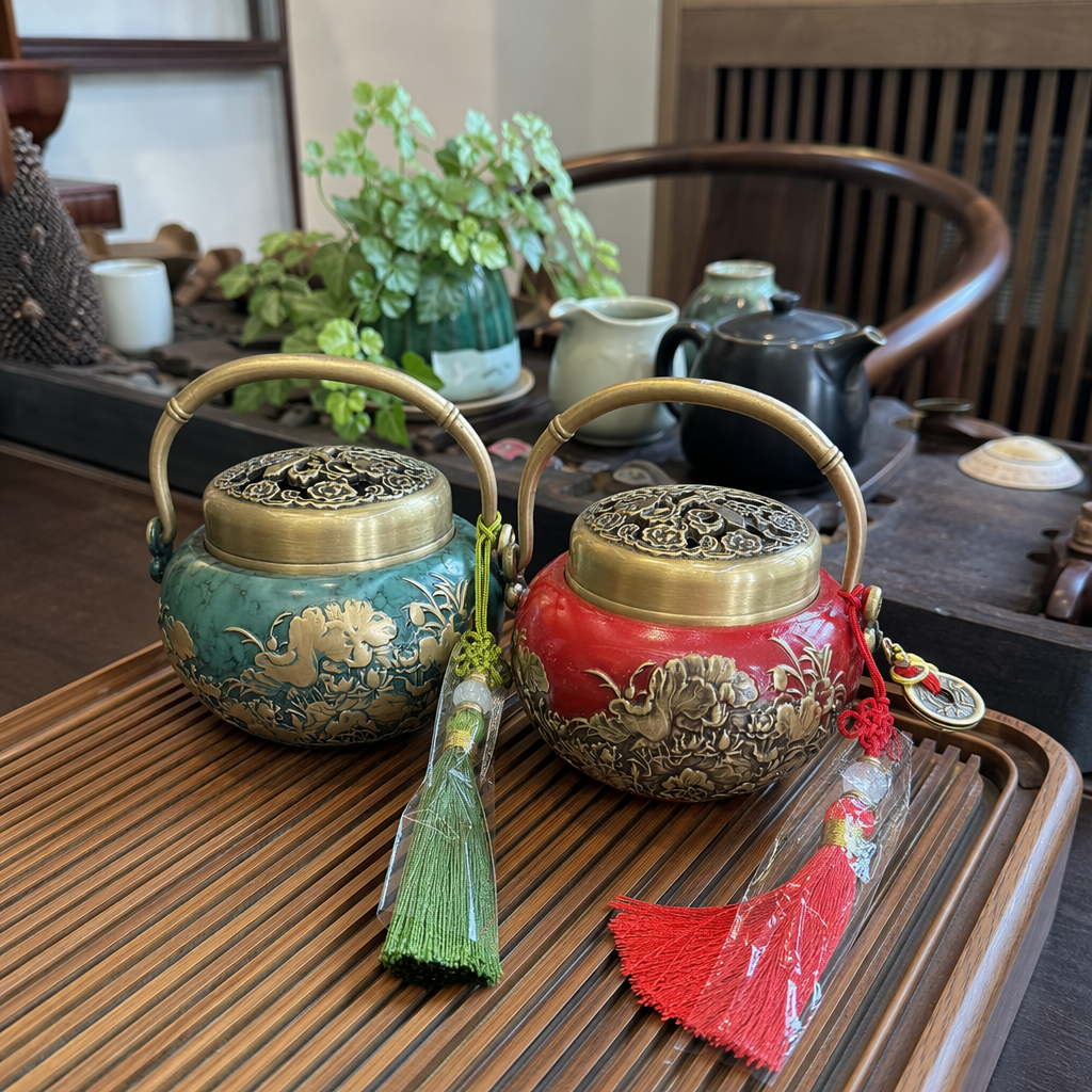 A red and green bicolored copper incense burner with a handle tassel decoration details Picture