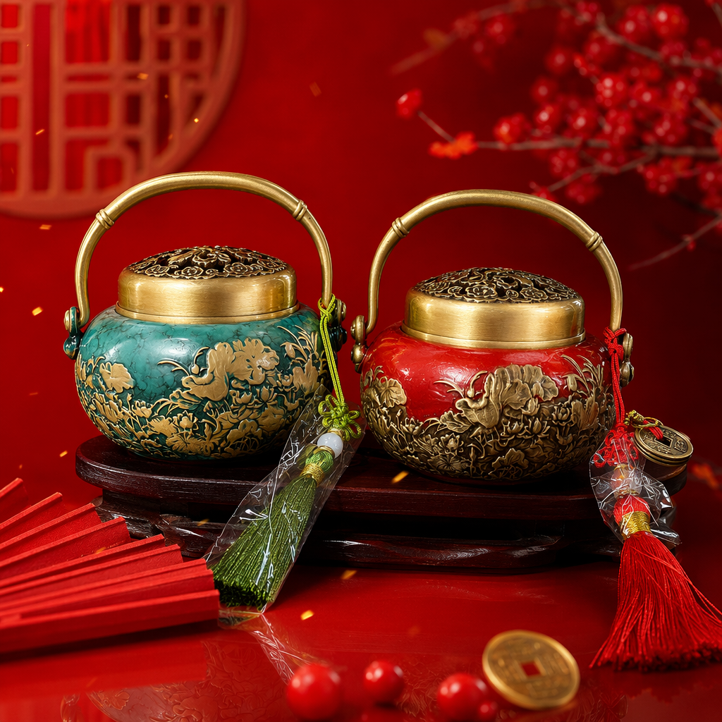 A red and green bicolored copper incense burner with a handle tassel decoration Specification image