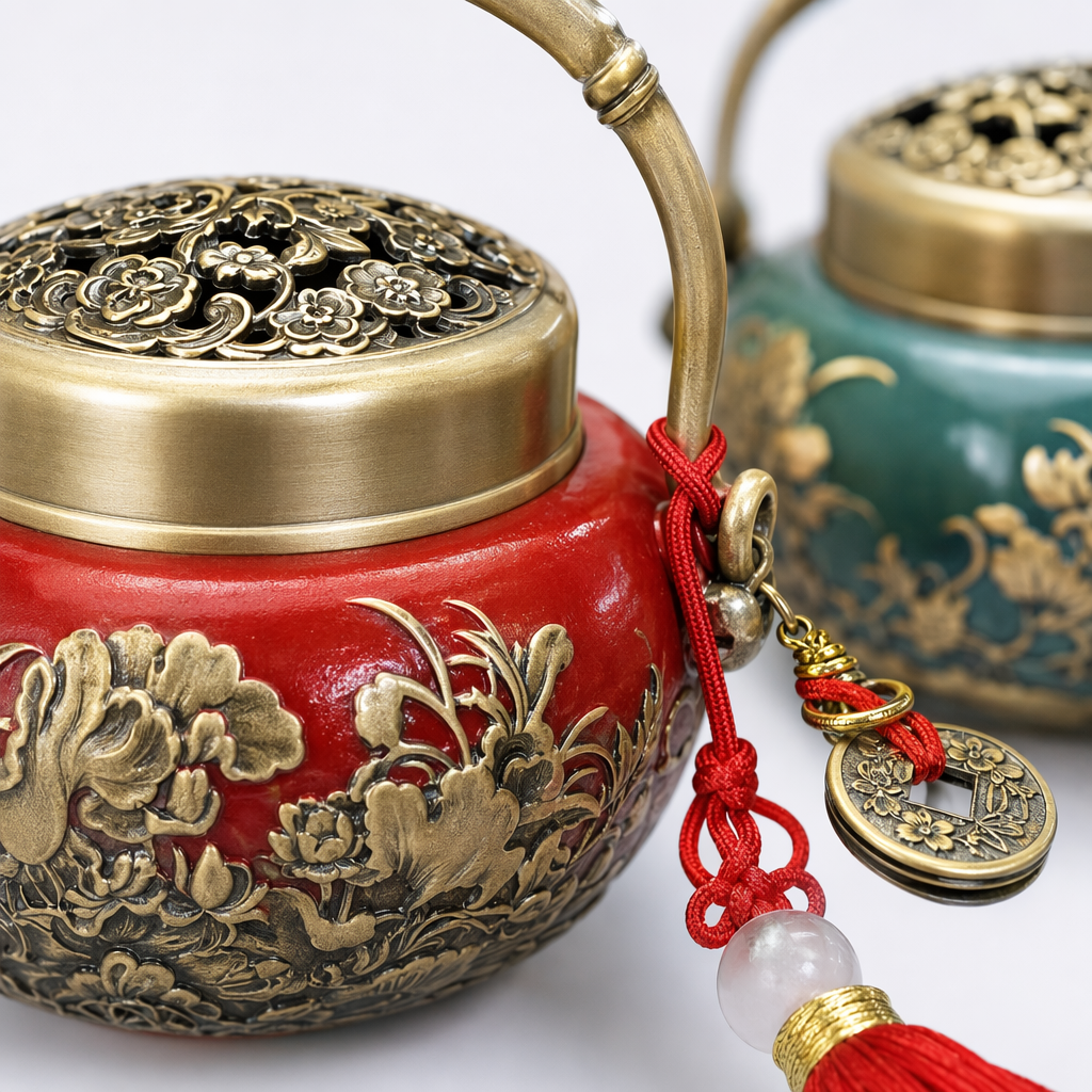 A red and green bicolored copper incense burner with a handle tassel decoration Application Scenario