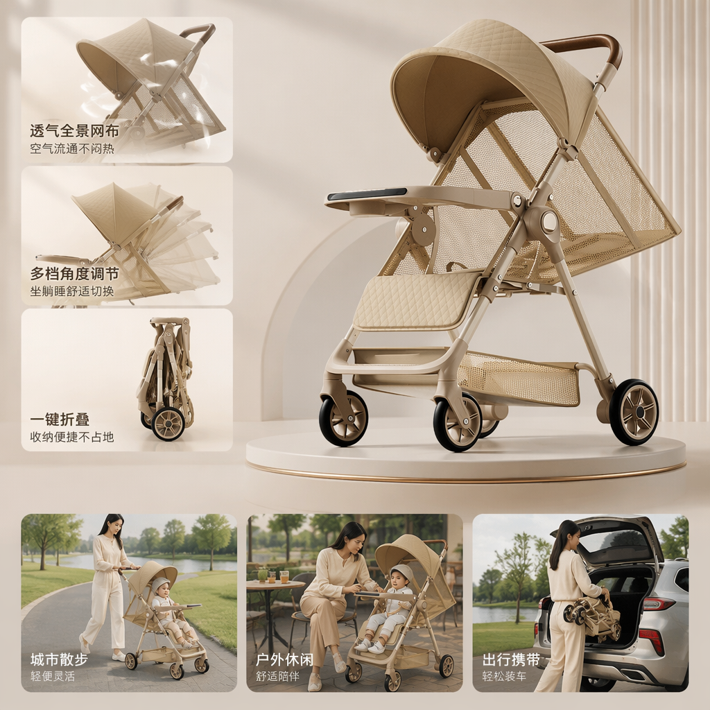 Baby stroller, mother and baby products, aluminum alloy frame, one-button retractable portable children's stroller