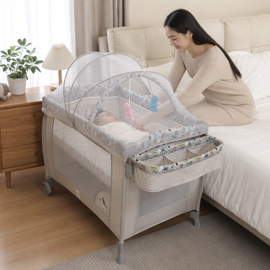 The imported baby crib made of solid wood with adjustable height guardrails is safe and environmentally friendly Item Picture