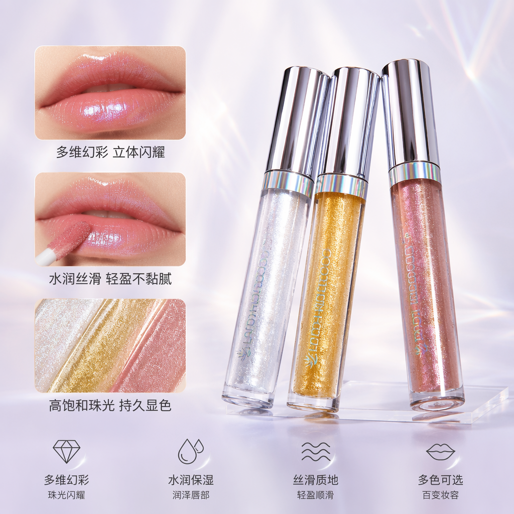 The three-piece set of glitter lip gloss provides long-lasting color display, moisture and luster