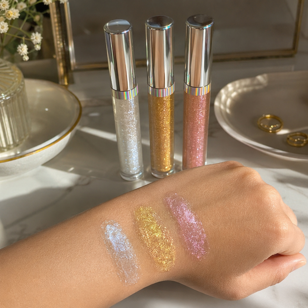 The three-piece set of glitter lip gloss provides long-lasting color display, moisture and luster details Picture