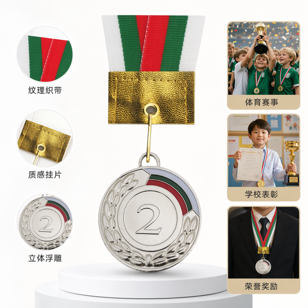 银色奖牌直径5厘米配红绿白条纹绶带金色挂扣