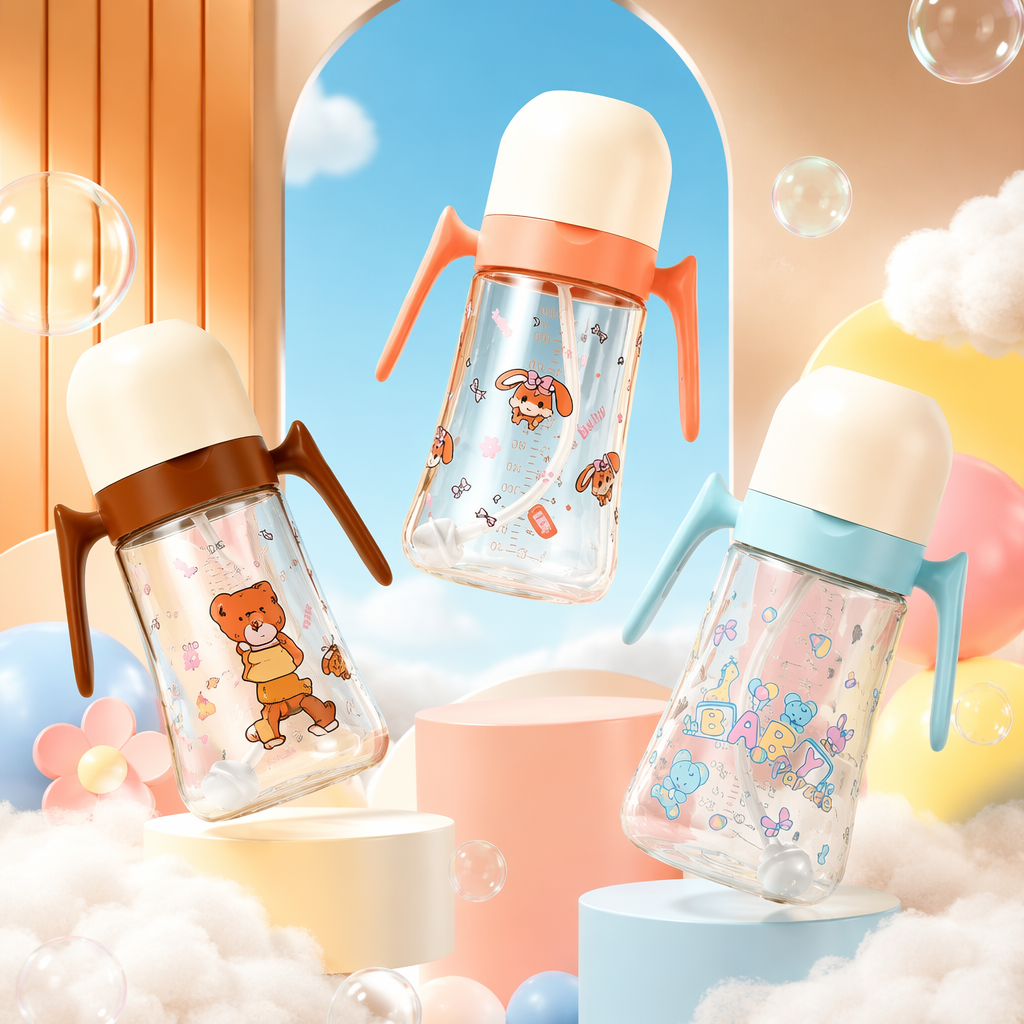 ثلاث علب حليب الأطفال الملونة من طراز Tinkertot Tinkertot، ثلاث سلع عابرة للحدود تحمل على شكل حيوانات كرتونية ذات مقابض Specification image