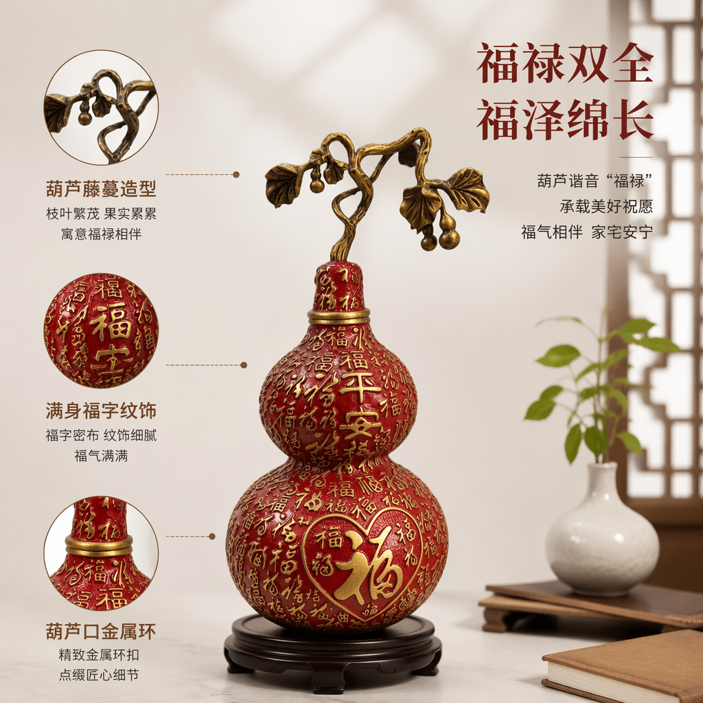 The top of the red gourd ornament is decorated with golden branches and leaves, and the surface is engraved with the characters for "Fu" and "Ping an"