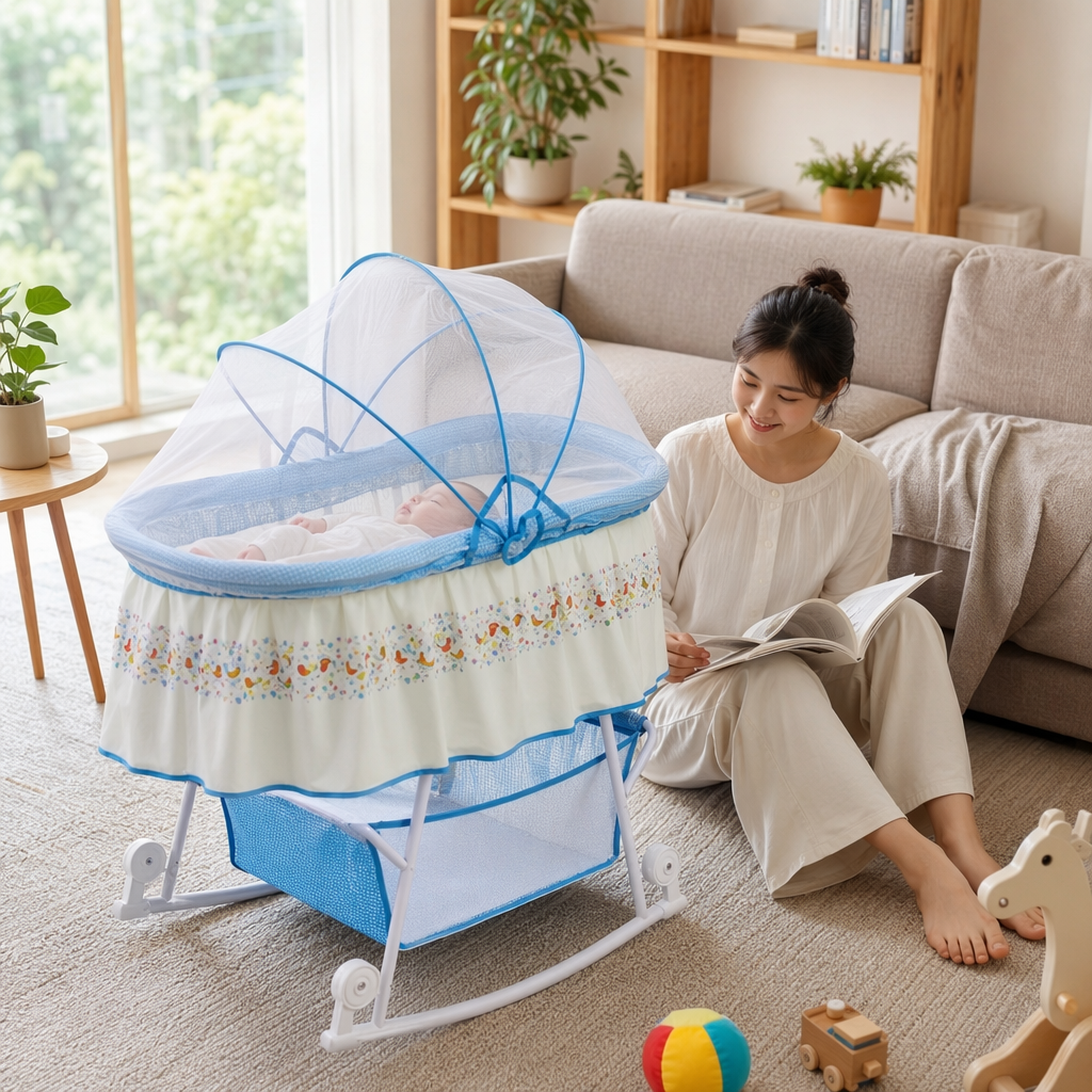 母婴用品婴儿摇篮摇椅可折叠便携家用静音款白底实物图