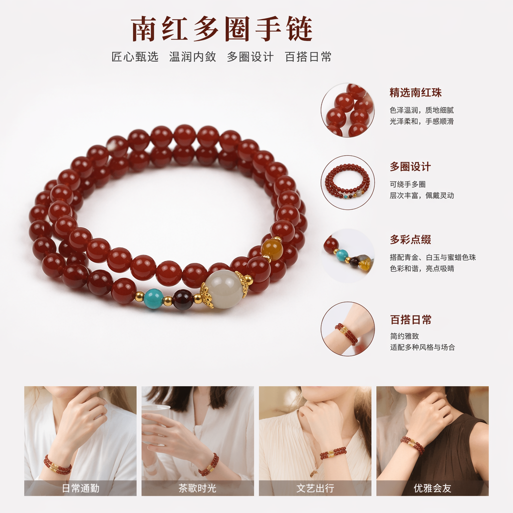 Red beaded bracelet, hand-woven natural agate stone, simple and fashionable women's accessory