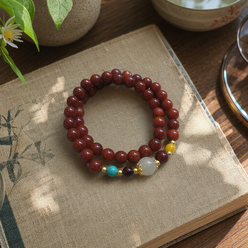 Red beaded bracelet, hand-woven natural agate stone, simple and fashionable women's accessory details Picture