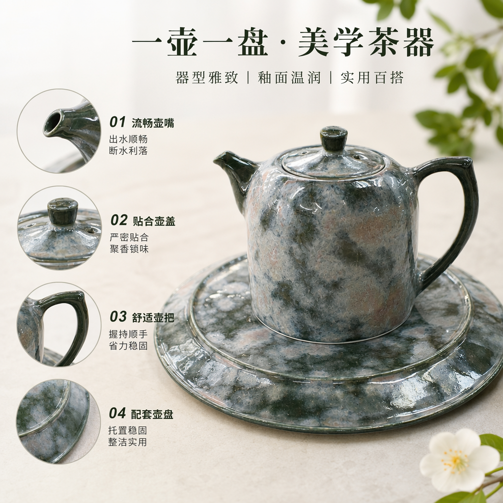 绿色釉面茶壶配托盘 陶瓷手工烧制 茶具套装