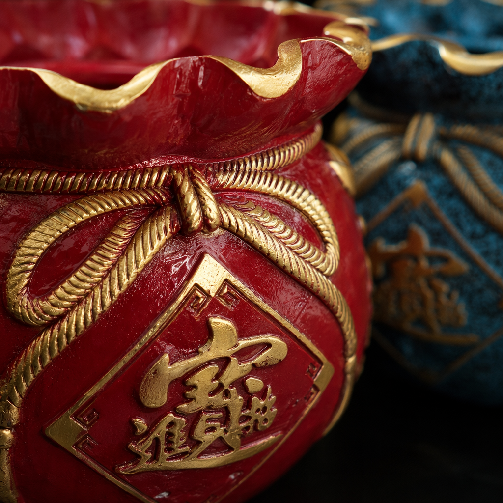 Rojo azul bolsa de dinero antiguo tarro de tesoro pieza de trabajo cuerda dorada nudo letra de tesoro patrón borde ondulado Application Scenario