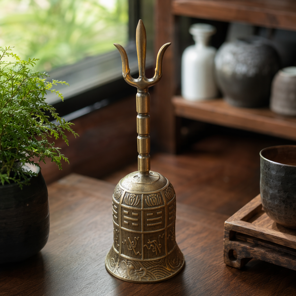 Golden trident bell wind chime home decoration living room bedroom balcony hanging decor details Picture