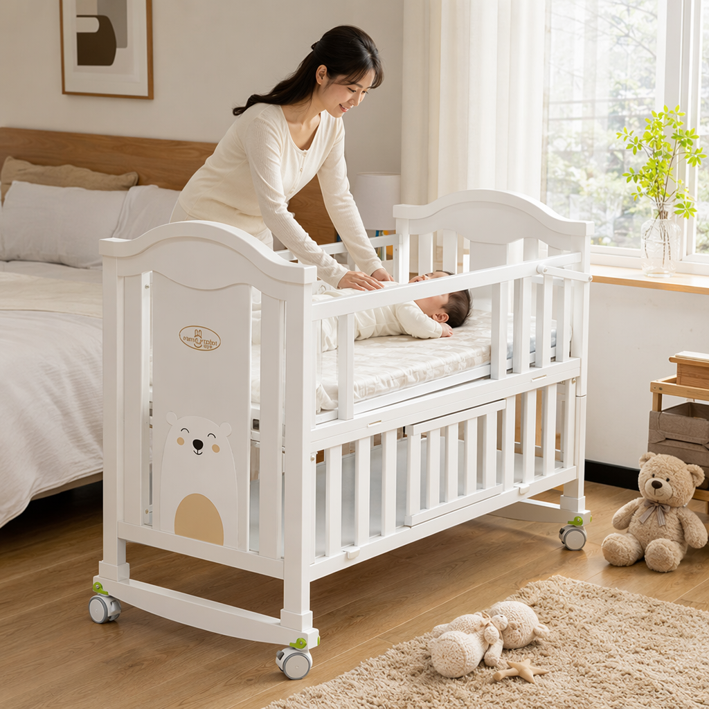 Baby bed, mother and baby products, foldable crib, mosquito net, safety guardrail, newborn baby bed Application Scenario