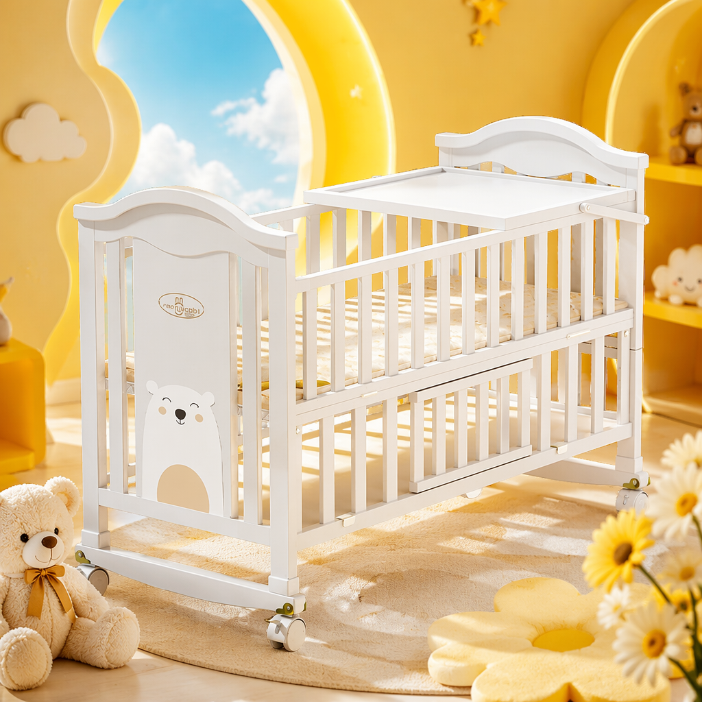 Baby bed, mother and baby products, foldable crib, mosquito net, safety guardrail, newborn baby bed details Picture