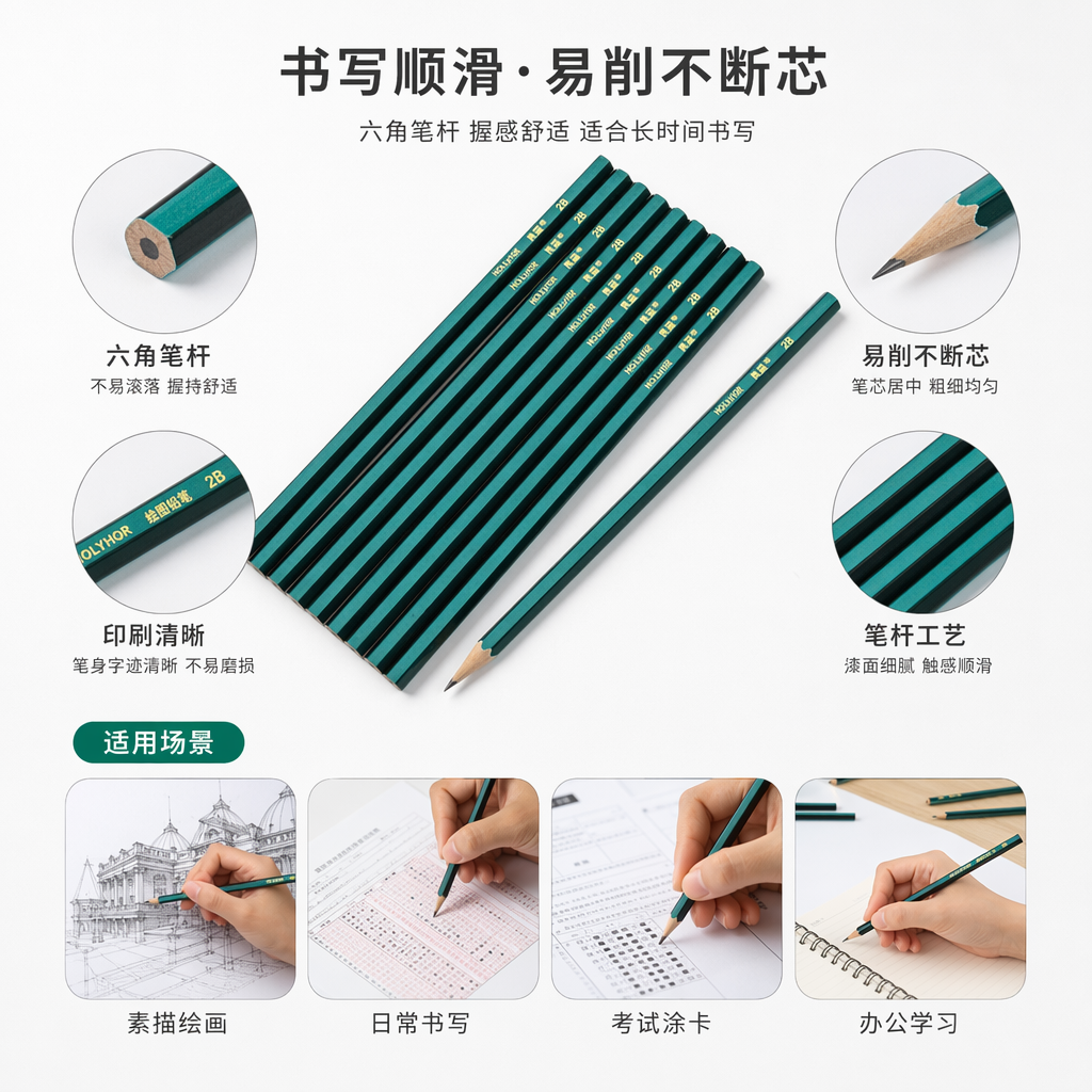 绿色条纹铅笔2B绘图书写学生用木质铅芯