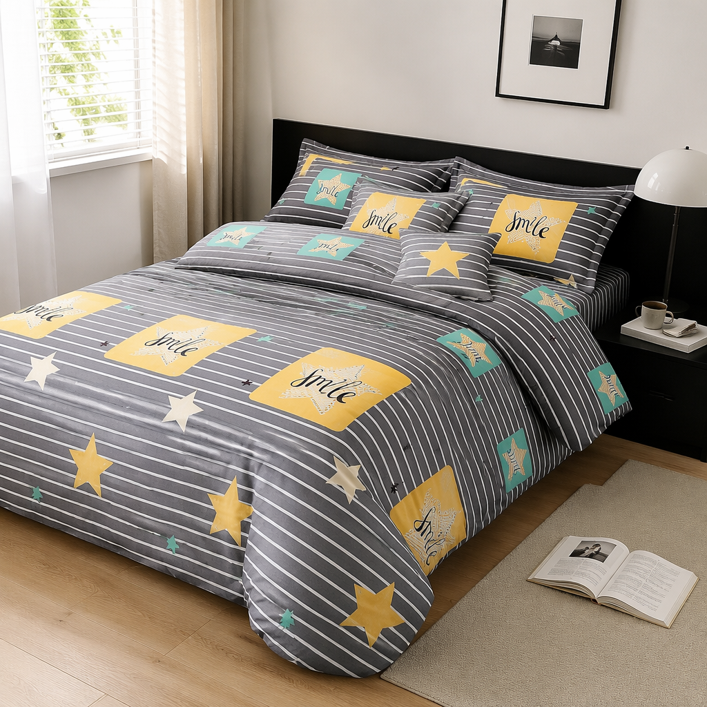 A four-piece set of pure cotton bed sheets and duvet covers with grey stripes and star prints details Picture