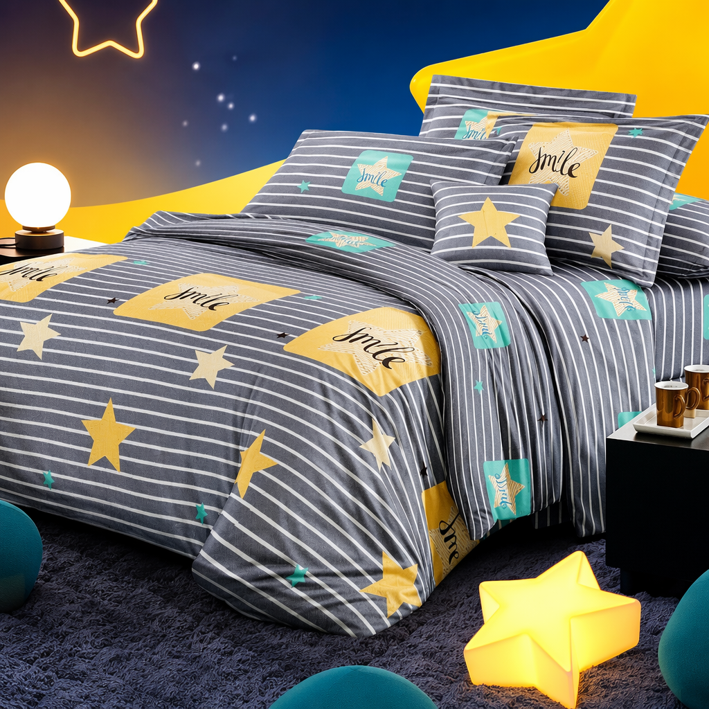 A four-piece set of pure cotton bed sheets and duvet covers with grey stripes and star prints Specification image
