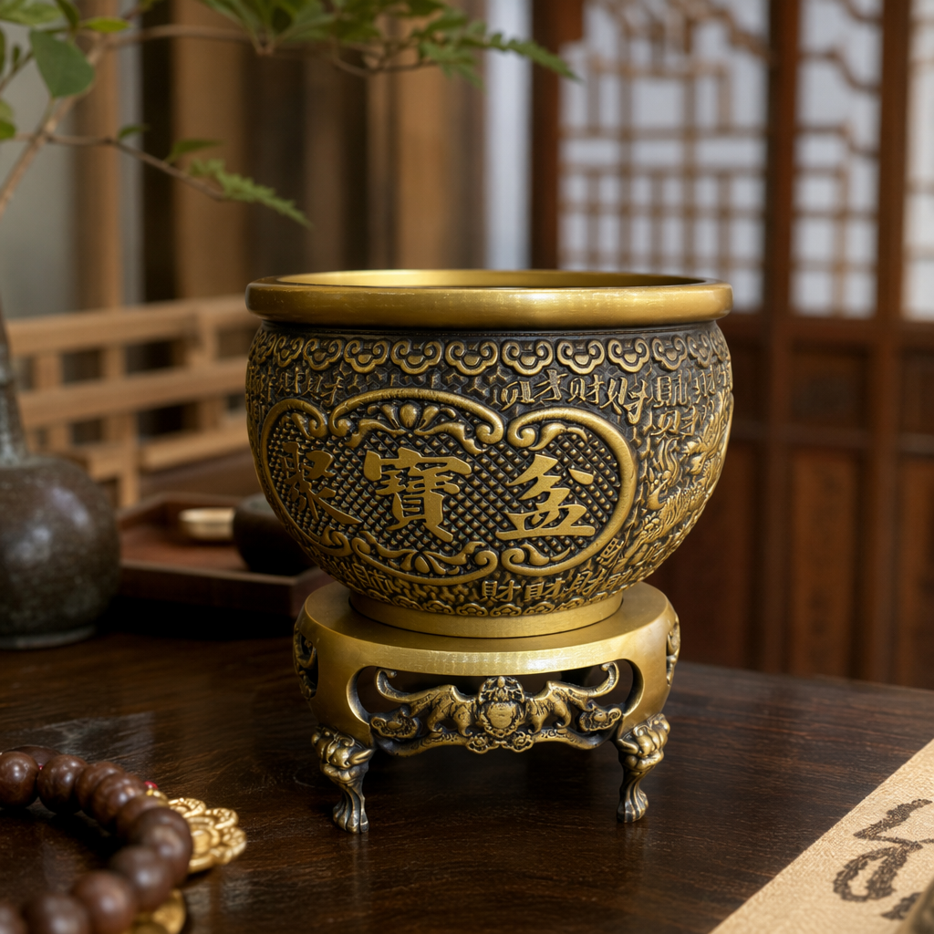 A golden copper treasure basin ornament, a carved treasure basin that gathers wealth and brings in abundant wealth, with auspicious clouds and beasts carved on the base details Picture