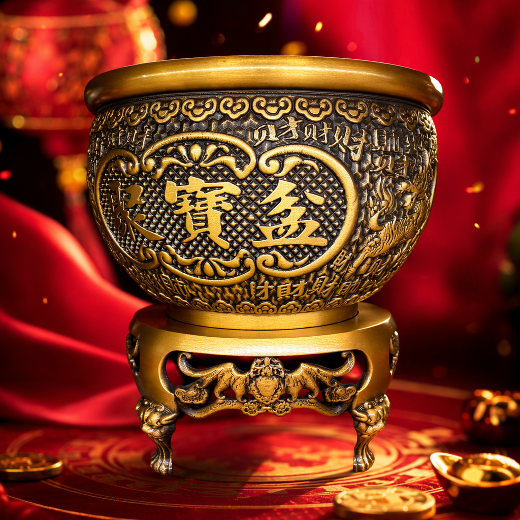 A golden copper treasure basin ornament, a carved treasure basin that gathers wealth and brings in abundant wealth, with auspicious clouds and beasts carved on the base Specification image