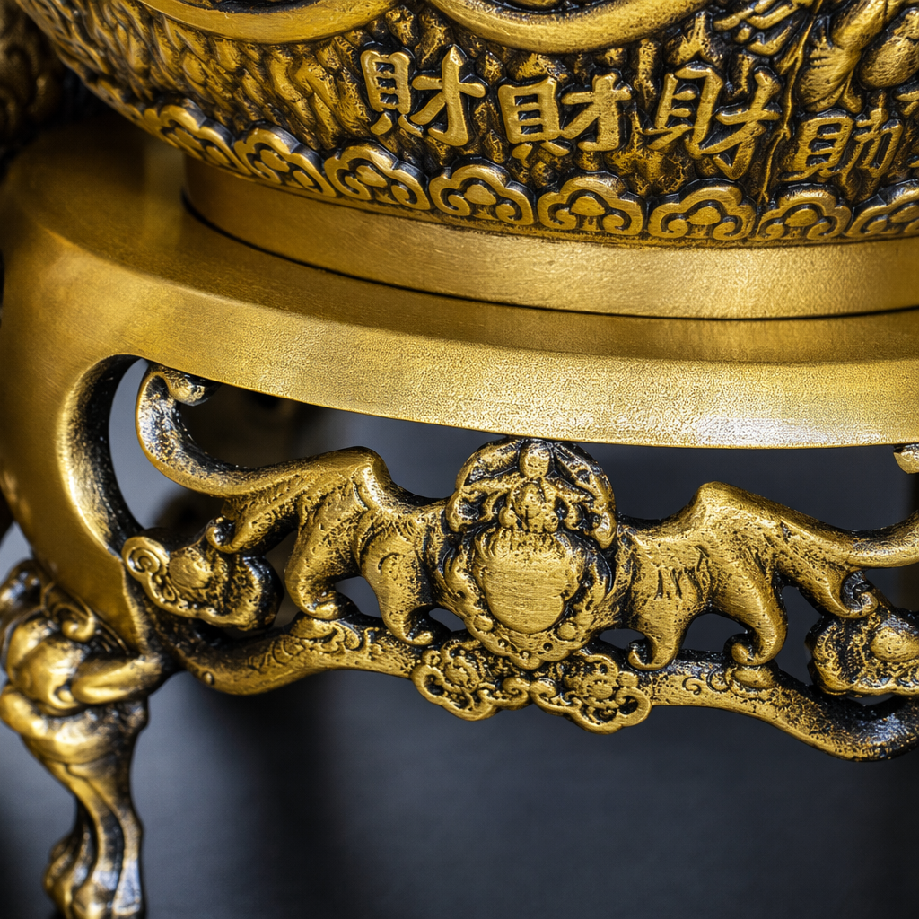 A golden copper treasure basin ornament, a carved treasure basin that gathers wealth and brings in abundant wealth, with auspicious clouds and beasts carved on the base Application Scenario