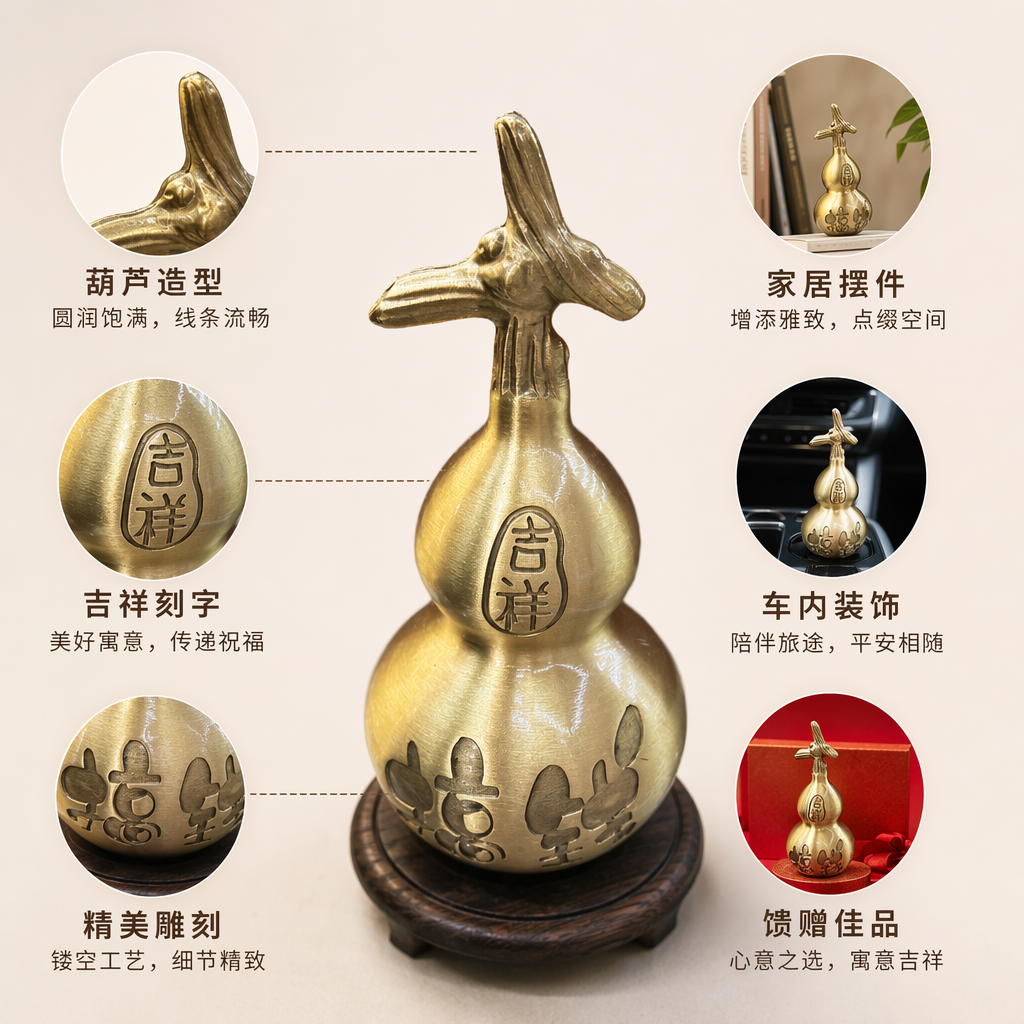 The top of the golden gourd ornament is carved with a rabbit's body and the auspicious character "Fu" to decorate the home feng shui