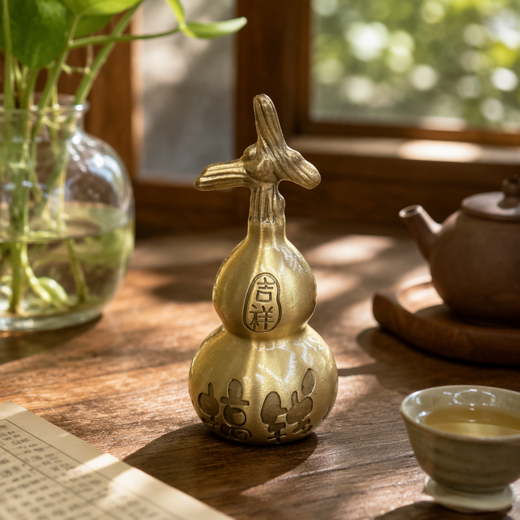 The top of the golden gourd ornament is carved with a rabbit's body and the auspicious character "Fu" to decorate the home feng shui details Picture