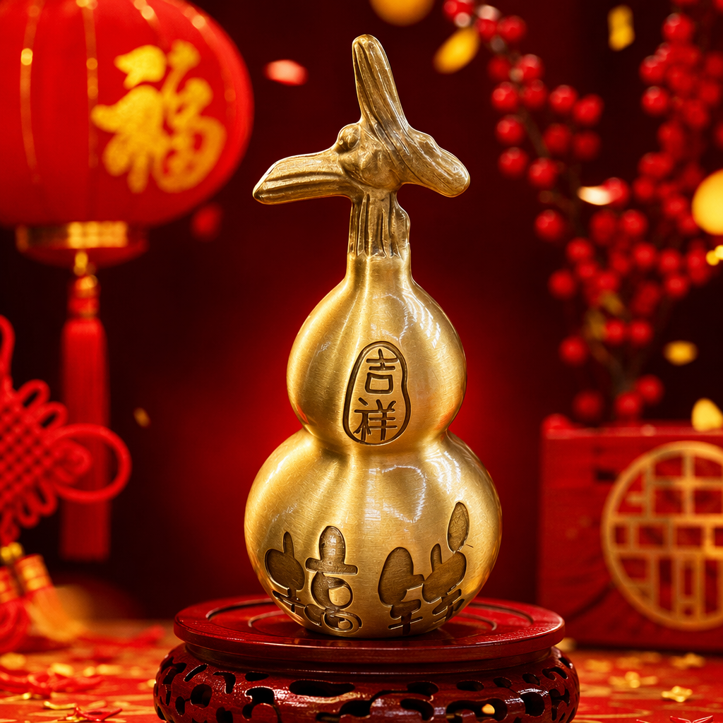 The top of the golden gourd ornament is carved with a rabbit's body and the auspicious character "Fu" to decorate the home feng shui Specification image