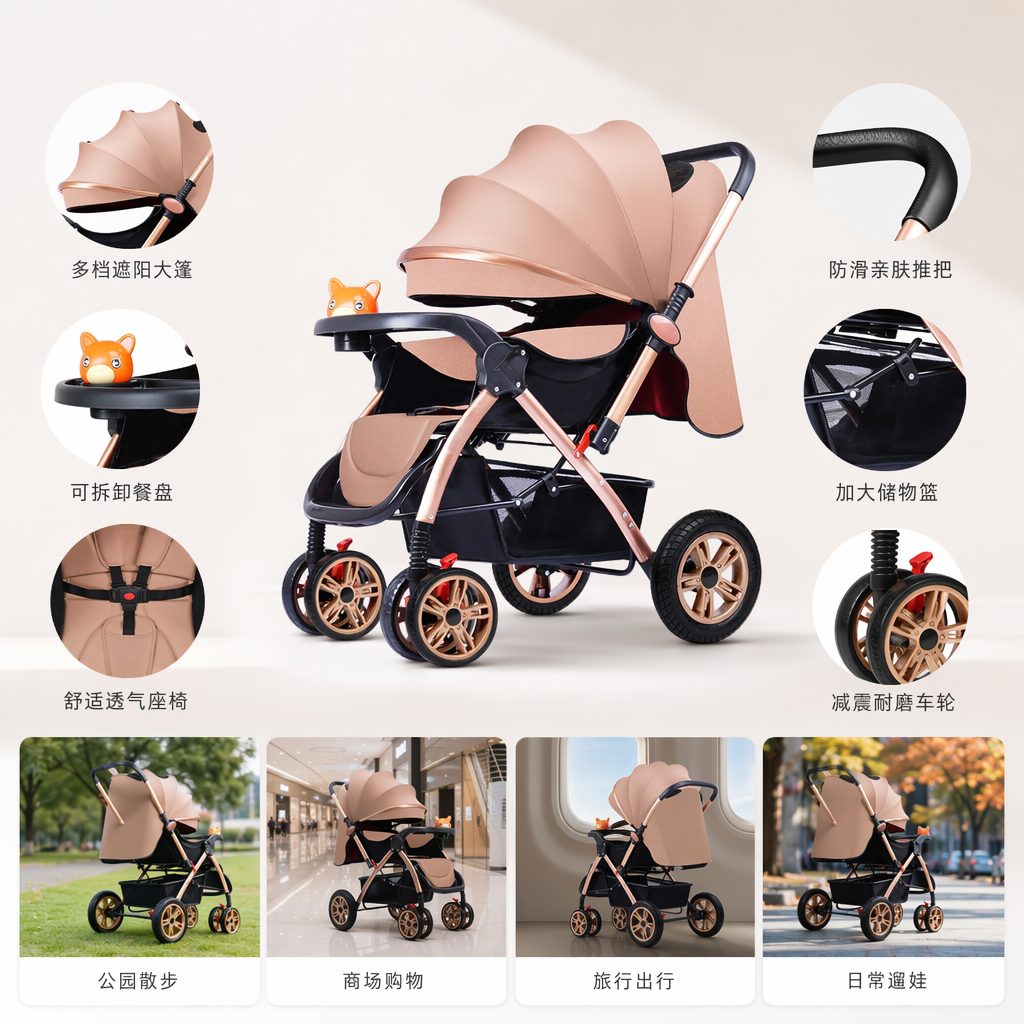 Baby strollers, baby products, foldable and lightweight strollers with sunshades and safety seats Application Scenario