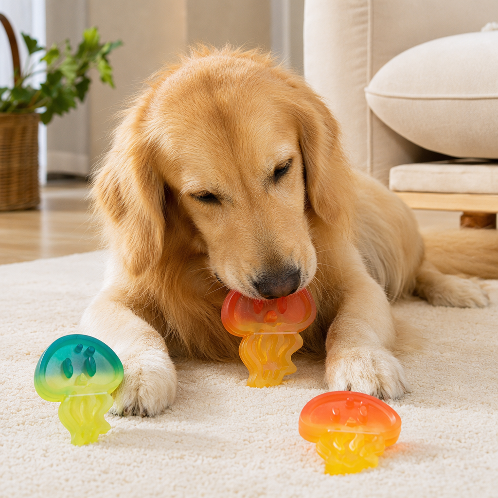 Colorful jellyfish teething and licking shaped pet toy, two-color soft rubber bite resistant interactive educational dog toy details Picture