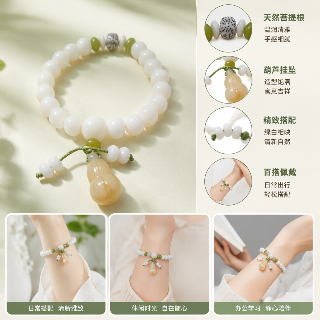 White beaded bracelet with gourd pendant, natural jade, simple and fashionable women's style