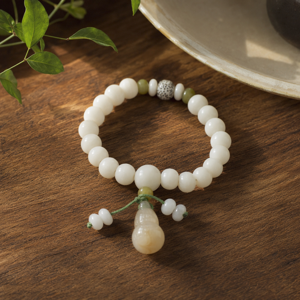 White beaded bracelet with gourd pendant, natural jade, simple and fashionable women's style details Picture