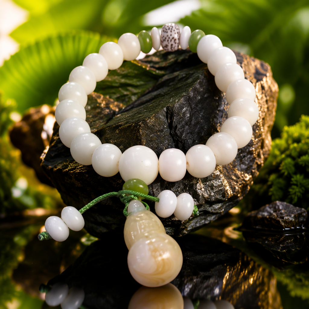 White beaded bracelet with gourd pendant, natural jade, simple and fashionable women's style Specification image