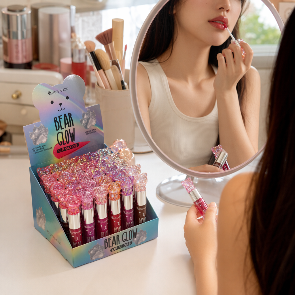 Colorful bear-shaped LIP GLOSS display stand BEAR GLOW LIP GLOSS Rainbow gradient Bear box Pink Brown Double Display details Picture